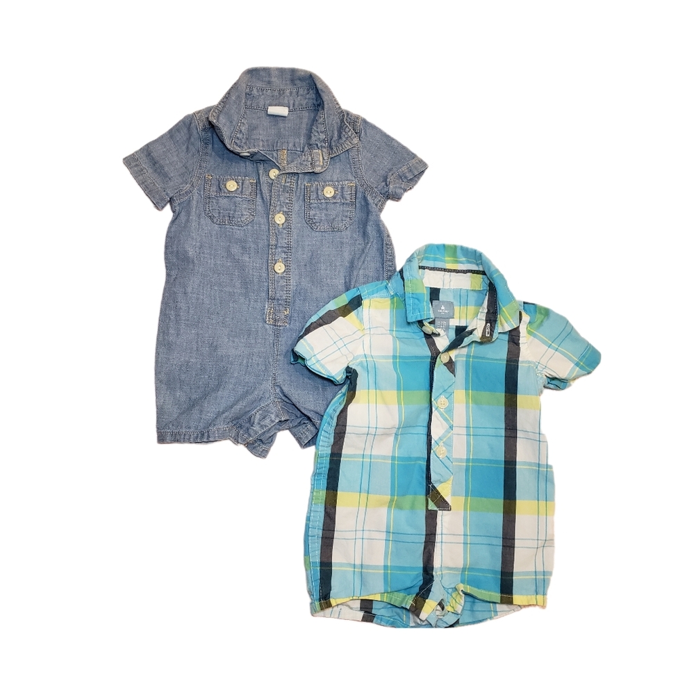 Gap Baby 0-3m chambray and blue plaid button down shirt shortalls romper set